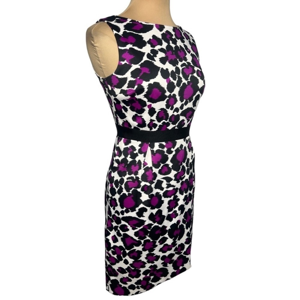 David Meister purple black white leopard print fitted sheath dress size 4